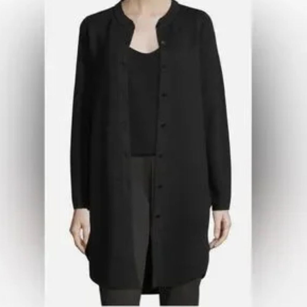Eileen Fisher 100% Merino Wool Black Snap Front Tunic Cardigan Sweater
